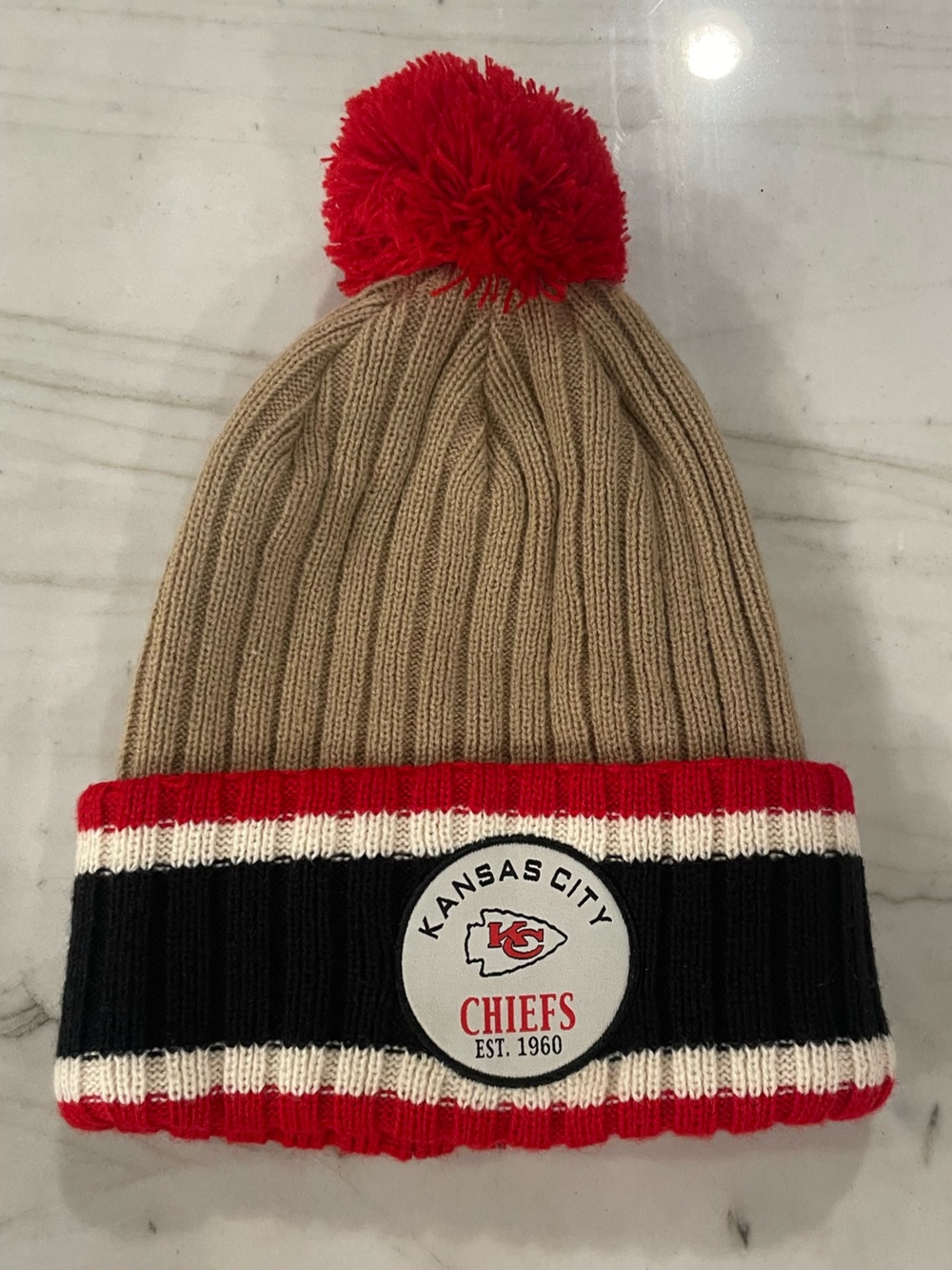 Kansas City Chiefs NFL Team Apparel Knit Pom Beanie Tan Red Black Unisex